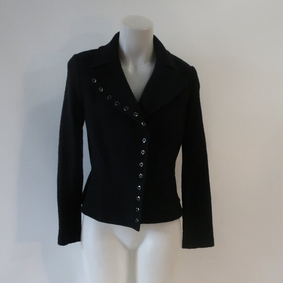 St. John Black Label Black Wool Blend Flounce Hem Grommet Boucle Blazer Jacket 4 - Picture 8 of 14